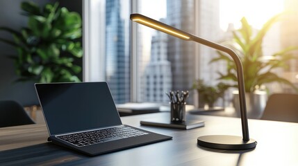 Fototapeta premium Modern workspace featuring laptop lamp and plant against city backdrop creating a productive and serene environment for focus and creativity