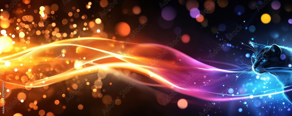Poster abstract feline portrait with glowing neon wave and bokeh lights creating a futuristic and ethereal 