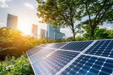 Solar panel installation in urban city park energy transition for sustainable future and green technology innovation and ecological balance