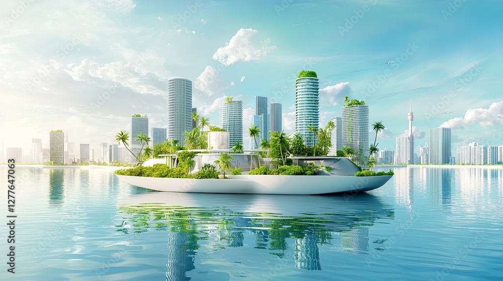 Poster a utopian vision of the future where floating architecture dominates the skyline, with copy space.