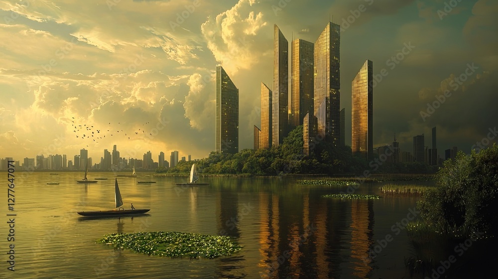 Poster a utopian vision of the future where floating architecture dominates the skyline, with copy space.