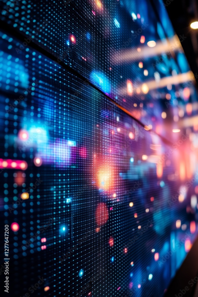 Poster a vibrant, abstract display of digital patterns featuring blue and colorful lights, conveying a sens
