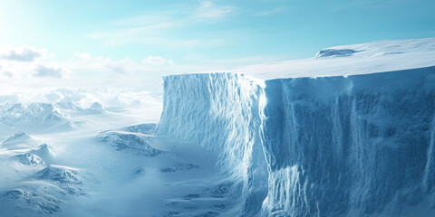 Aerial shot of cold, icy, barren planet showcasing massive ice cliff against serene blue sky. landscape evokes sense of isolation and tranquility