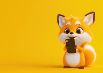 Fototapeta premium Cute Fluffy Happy Fox Using Talking Phone Smartphone Mobile White Yellow Orange Background Copy Space