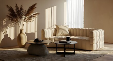 Modern Minimalist Living Room with Cozy Neutrals and Sunlit Accents