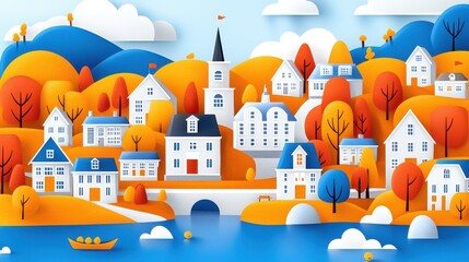 Obraz premium Colorful Landscape with Stylized Houses and Trees under Blue Sky and Vibrant Fall Colors