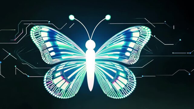 A green butterfly with a glowing body. The butterfly is surrounded by a dark background. Concept of wonder and beauty, as the butterfly's vibrant colors stand out against the dark background