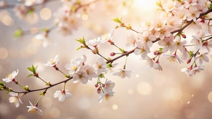 Fototapeta premium Delicate Spring Blossoms on a Sunlit Branch, Soft Focus Background, Nature's Gentle Beauty in Full Bloom