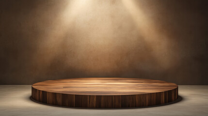 realistic photo of oval wooden stage platform illuminated by soft lights, creating warm atmosphere perfect for performances or presentations