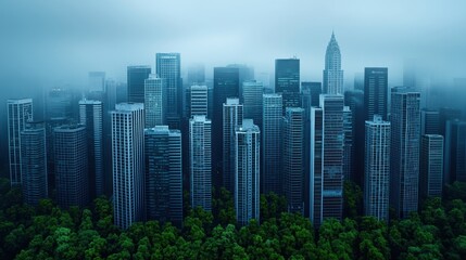 Obraz premium Misty Urban Landscape with Skyscrapers and Green Trees in a Foggy Atmosphere