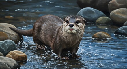 Fototapeta premium Otter Wading Through Water River Illustration Art Painting with Rocks