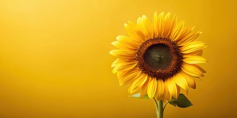 Obraz premium A vibrant single sunflower blossoms against a radiant yellow backdrop, showcasing its captivating details and cheerful essence