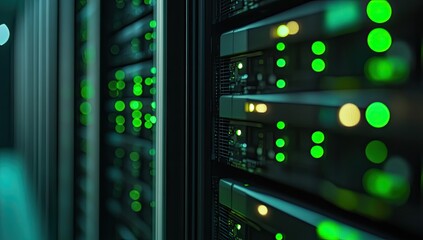 Server rack row lit with green lights in a dark data center