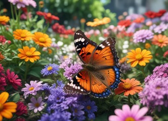 A butterfly resting on a colorful patch of flowers, petal, vibrant, flowers