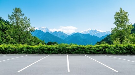 Fototapeta premium Serene Mountain Landscape with Empty Parking Lot and Clear Blue Sky in a Natural Environment