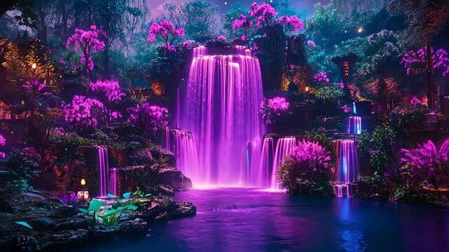 Majestic cascading waterfalls illuminated by vibrant purple lights in a lush tropical paradise