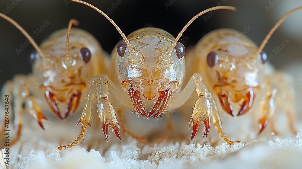 Poster close-up view of three translucent ants displaying intricate details and textures in a natural setti