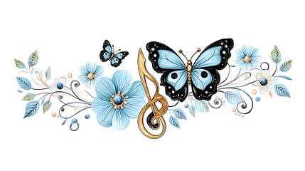 Watercolor Floral Design with Butterflies and Treble Clef Blue Flowers Elegant Music Theme