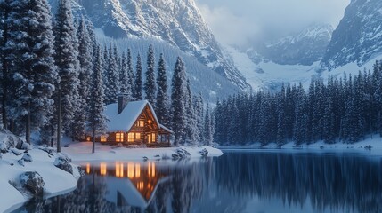 A tranquil winter scene with a cozy cabin surrounded by snow. Perfect for evoking peace, serenity, and the charm of a winter wonderland.