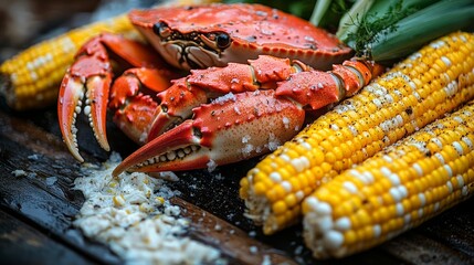 A vibrant crab with corn on a wooden surface, showcasing a seafood feast.