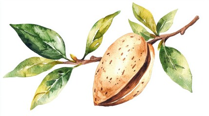 A beautifully illustrated almond branch featuring ripe nuts and lush green leaves, showcasing nature's simplicity and elegance.