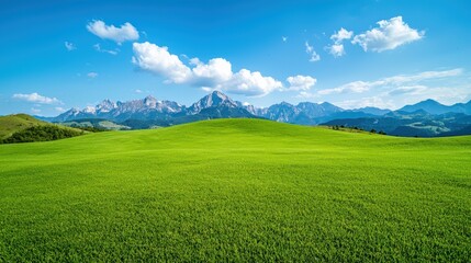 Obraz premium Breathtaking Green Field with Majestic Mountains and Blue Sky Under Bright White Clouds