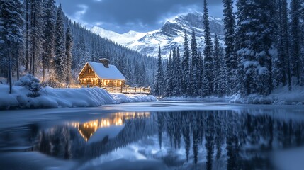 A tranquil winter scene with a cozy cabin surrounded by snow. Perfect for evoking peace, serenity, and the charm of a winter wonderland.