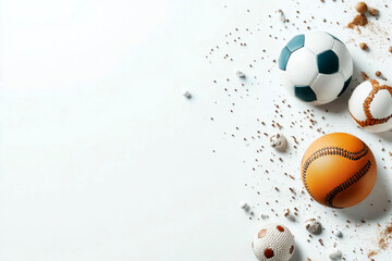 Variety of colorful sports balls arranged on a light surface.