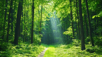 Obraz premium Sunlight Filters Through Lush Green Forest Creating a Serene Pathway Surrounded by Trees