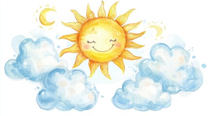 A cheerful sun shines brightly among fluffy clouds and a crescent moon, evoking a warm and joyful atmosphere perfect for children's themes.
