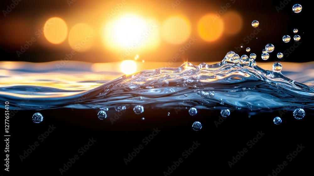 Poster captivating water surface with rising bubbles against a blurred sunset background creating a serene 