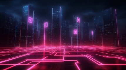 Futuristic Cityscape at Night Neon Lights Glowing Smart City Technology Background