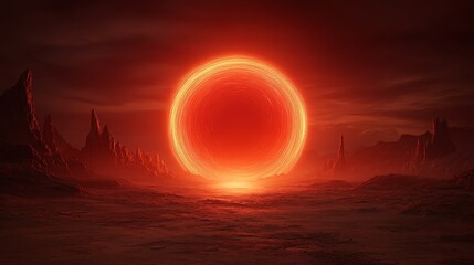 Fiery Ringed Sun Setting Over a Desolate Alien Landscape Digital Art Sci Fi Fantasy