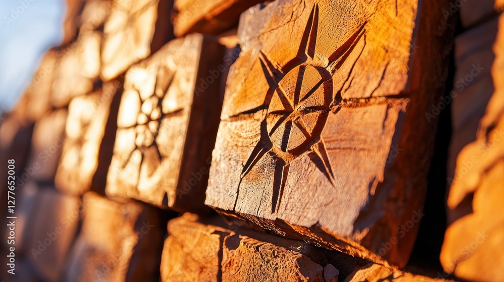 Poster artistic wood carvings on stacked timber blocks in warm sunlight creating a rustic and natural aesth