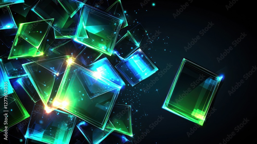 Aufkleber abstract glowing cubes floating in dark space with vibrant green and blue light creating a modern an