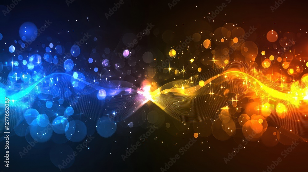 Poster abstract background with vibrant blue and orange hues creating a dynamic bokeh effect and starbursts