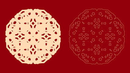Two ornate designs of lace doilies. Circular shapes. Geometric patterns. Intricate details. Symmetrical motifs. Beige on red. Red on beige. Contrasting colors. Decorative art. Vintage style.