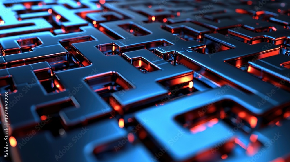 Poster intricate metallic maze with red illumination a captivating abstract design for futuristic technolog