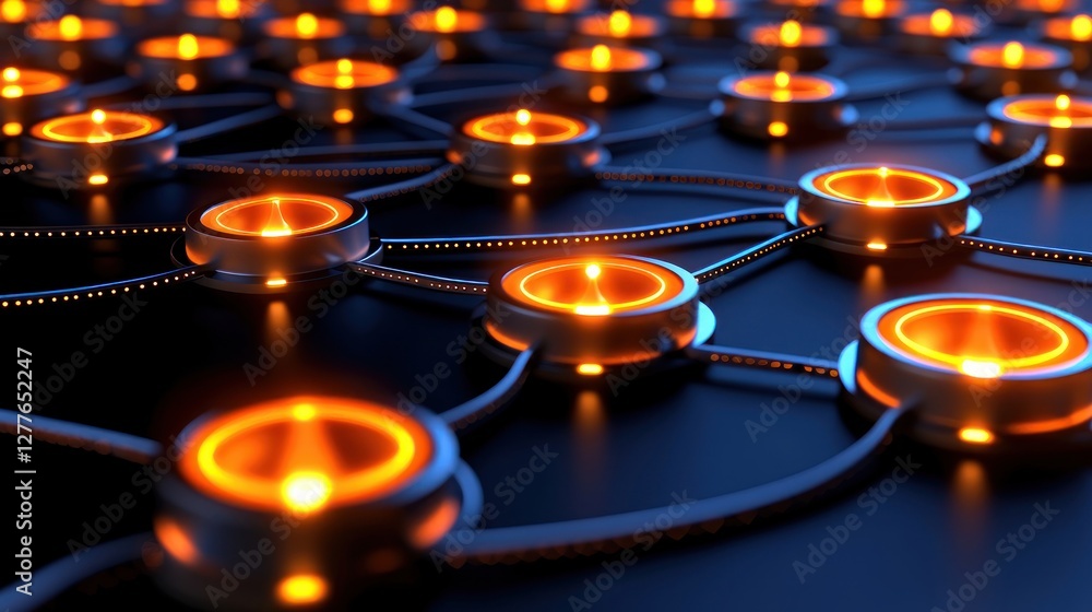 Poster interconnected glowing nodes on dark surface representing network connection technology futuristic d