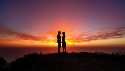 Fototapeta premium romantic silhouette of couple holding hands at sunset