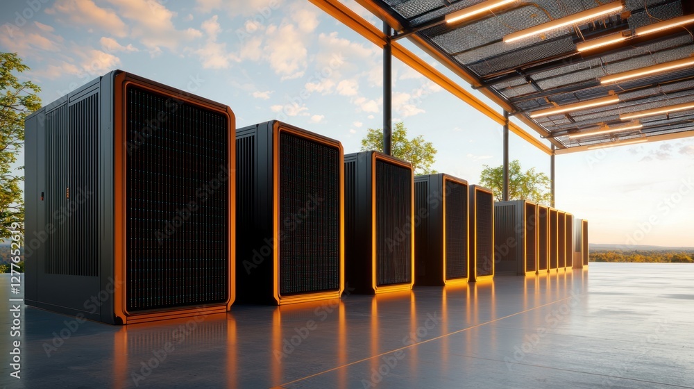 Poster modern data center servers under a shaded structure with a scenic sunset backdrop showcasing technol