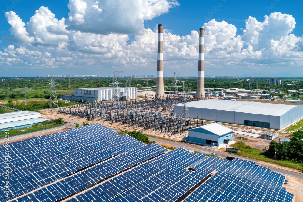 Poster aerial view of solar panel array and power plant under a blue sky with white clouds generating susta