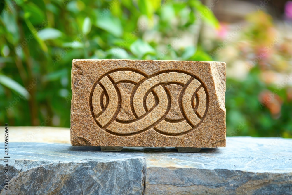 Poster stone carving with interlocking circle design on rock surface with greenery background captured in n