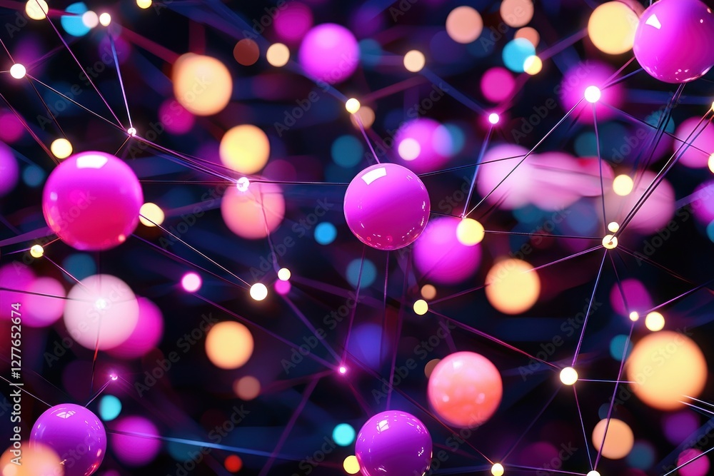 Poster abstract network of connected spheres with glowing points in vibrant pink and orange hues against a 