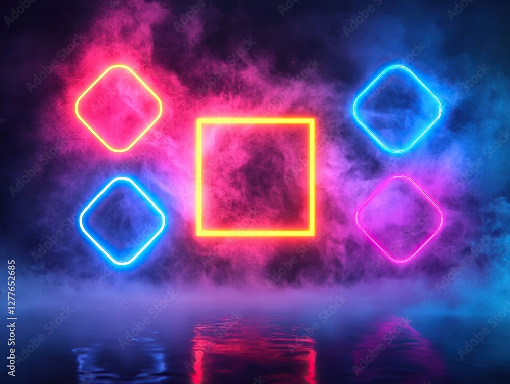 Poster dynamic neon shapes in vaporous atmosphere studio setting digital art futuristic environment close-u