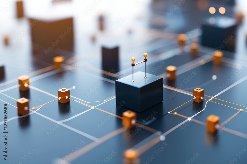 Poster abstract network connection concept with orange and white lines connecting cubes on a dark blue surf