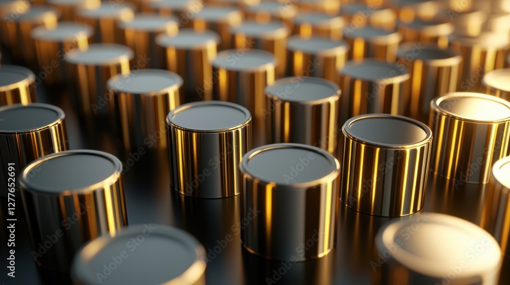 Poster array of gleaming cylinders on dark surface reflecting warm light creating a modern minimalist patte
