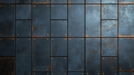 Metal texture wall with blue panels and rivets, showcasing rugged industrial design. surface features mix of smooth and rough textures, creating visually striking appearance