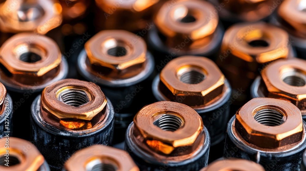 Poster macro close-up of copper coated hex nuts on dark background showcasing precision engineering and met