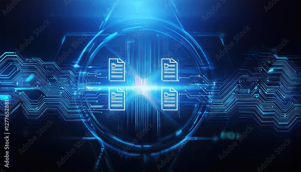 Poster futuristic digital documents with glowing circuits and blockchain technology